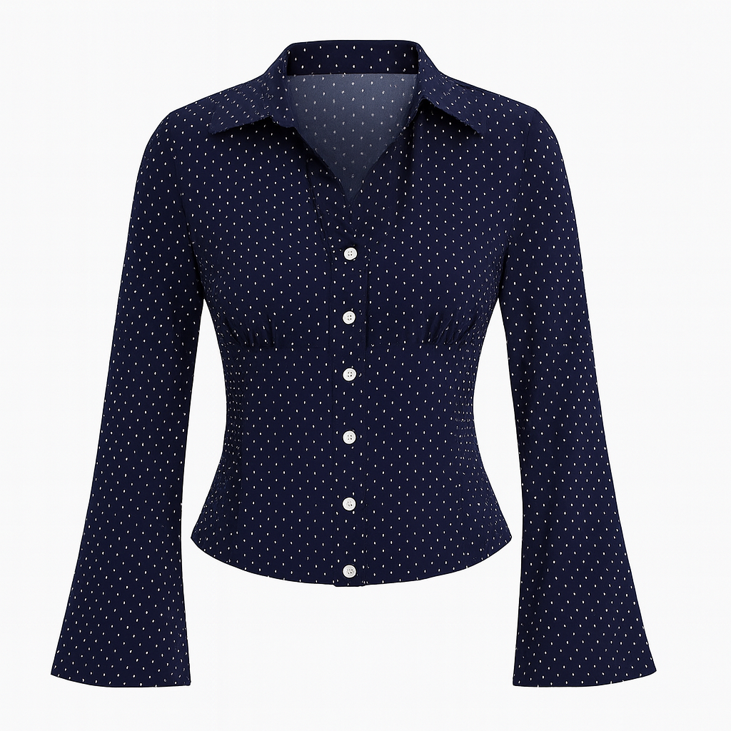 Long-sleeve fitted blouse with a collared neckline, button-down front, and flared cuffs.