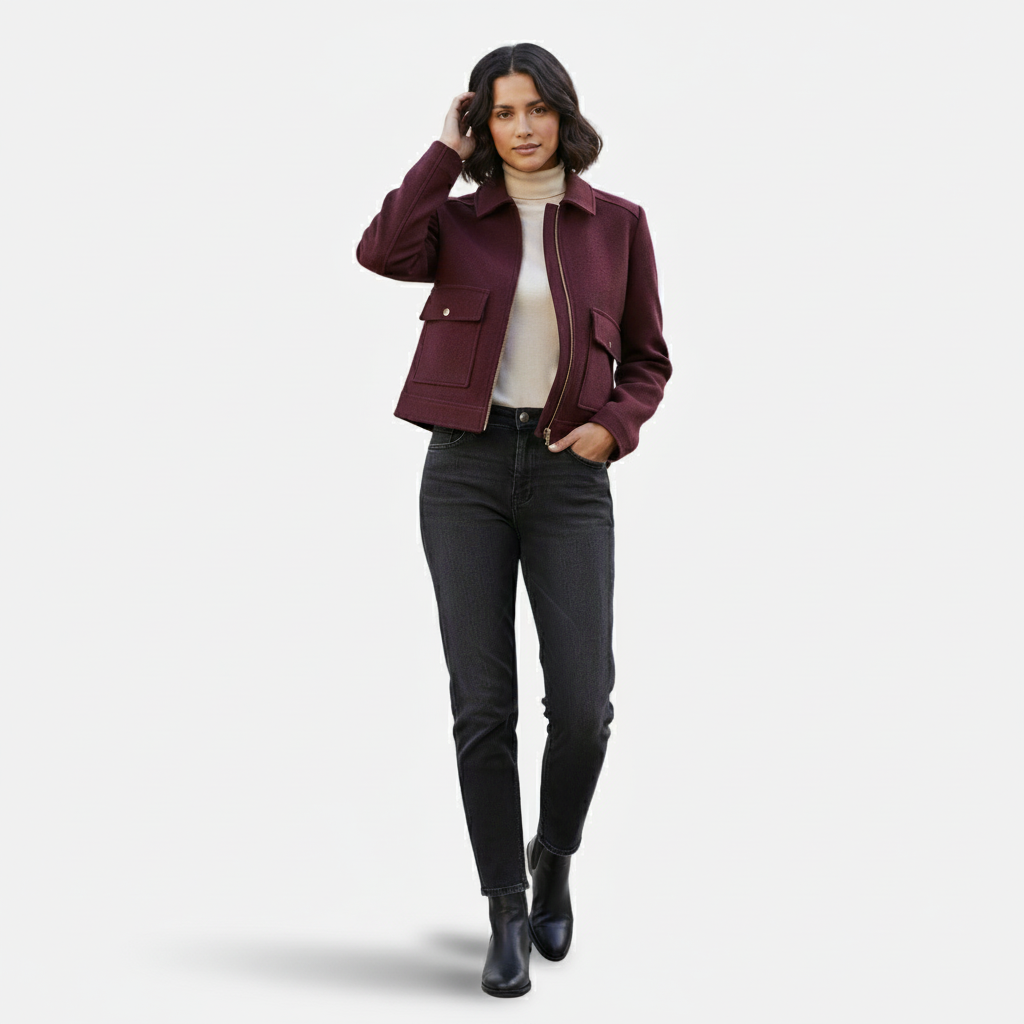 Sofia Maris Women’s Wool Blend Utility Jacket – Zip Up Short Coat - Sofia Maris