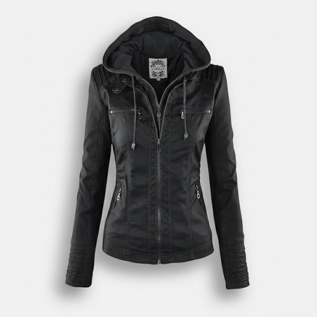 Sofia Maris Women's Slim-Fit PU Leather Moto Jacket with Detachable Hoodie - Sofia Maris