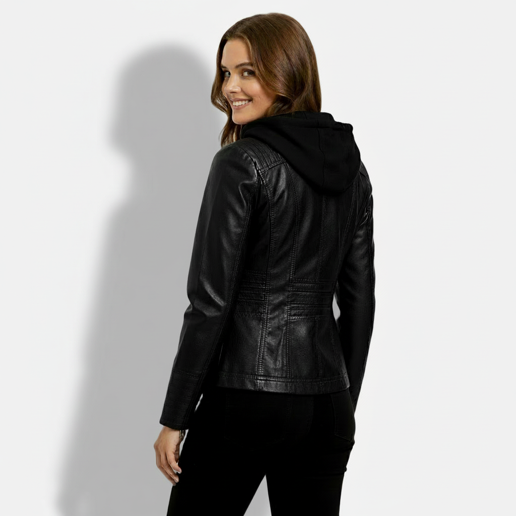 Sofia Maris Women's Slim-Fit PU Leather Moto Jacket with Detachable Hoodie - Sofia Maris