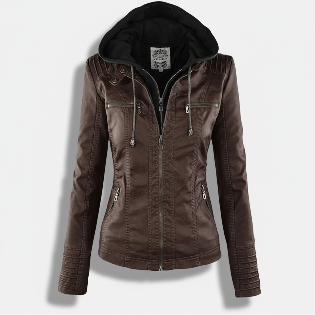 Sofia Maris Women's Slim-Fit PU Leather Moto Jacket with Detachable Hoodie - Sofia Maris
