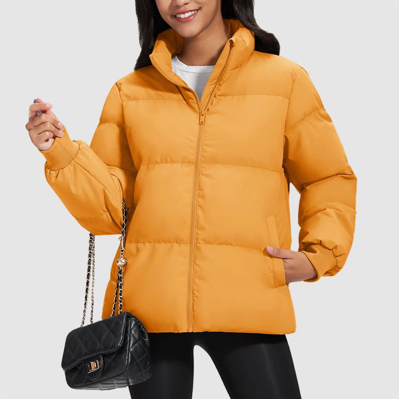 Harper Hip-Length Quilted Puffer Jacket | Stand Collar Ribbed Cuffs Jacket