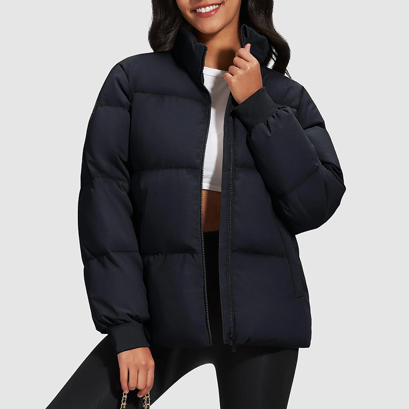 Harper Hip-Length Quilted Puffer Jacket | Stand Collar Ribbed Cuffs Jacket