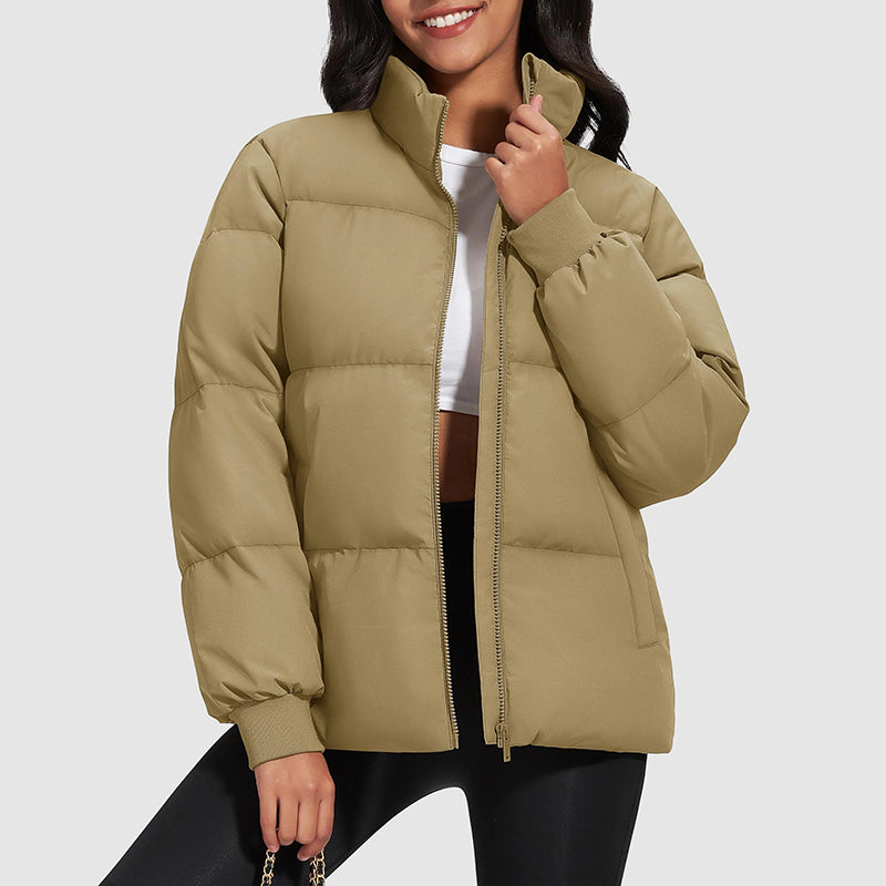 Harper Hip-Length Quilted Puffer Jacket | Stand Collar Ribbed Cuffs Jacket