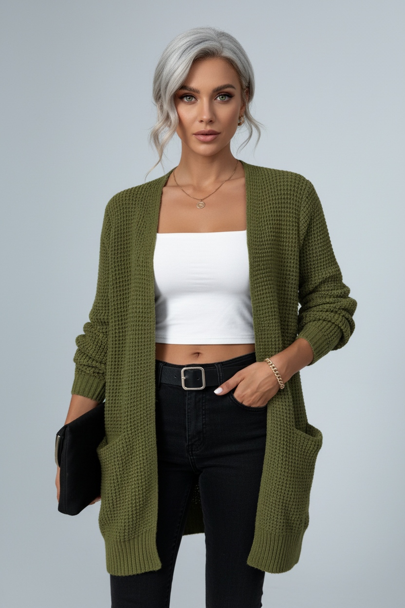 Arlona – Women’s Waffle Knit Open Front Cardigan with Pockets - Sofia Maris