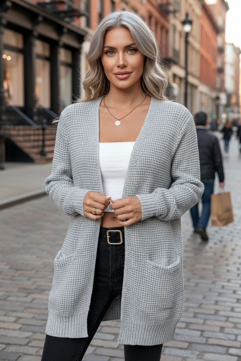 Arlona – Women’s Waffle Knit Open Front Cardigan with Pockets - Sofia Maris