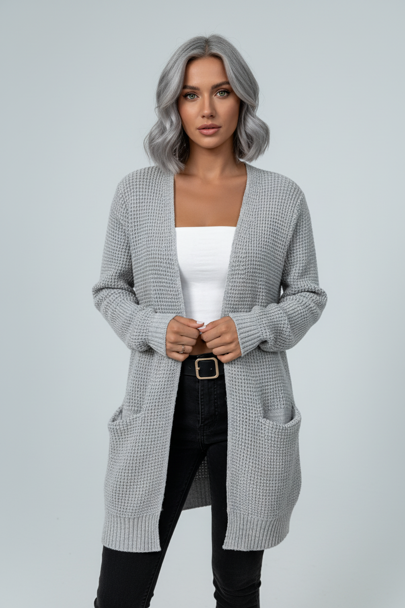 Arlona – Women’s Waffle Knit Open Front Cardigan with Pockets - Sofia Maris
