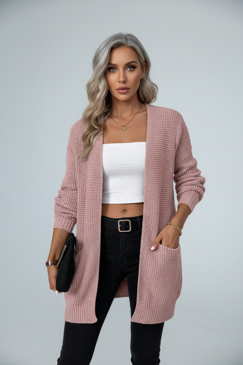Arlona – Women’s Waffle Knit Open Front Cardigan with Pockets - Sofia Maris