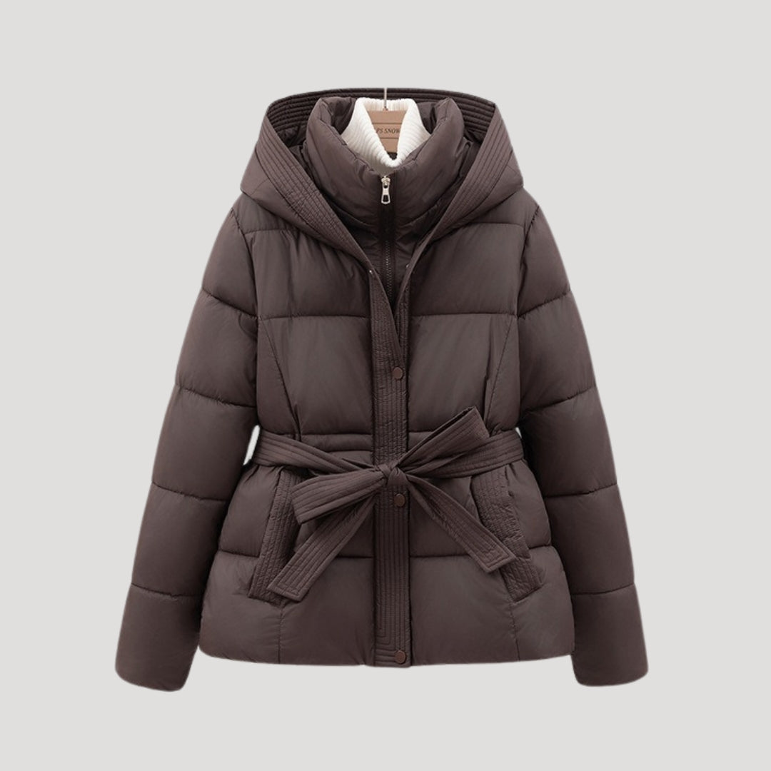 Women's Puffer Jacket with Hood and Belt for Winter Coats - Sofia Maris