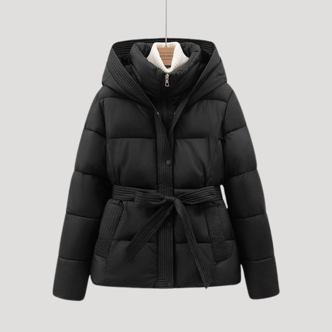 Women's Puffer Jacket with Hood and Belt for Winter Coats - Sofia Maris