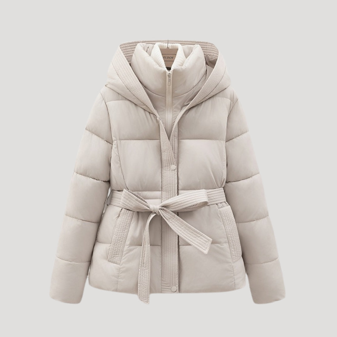 Women's Puffer Jacket with Hood and Belt for Winter Coats - Sofia Maris