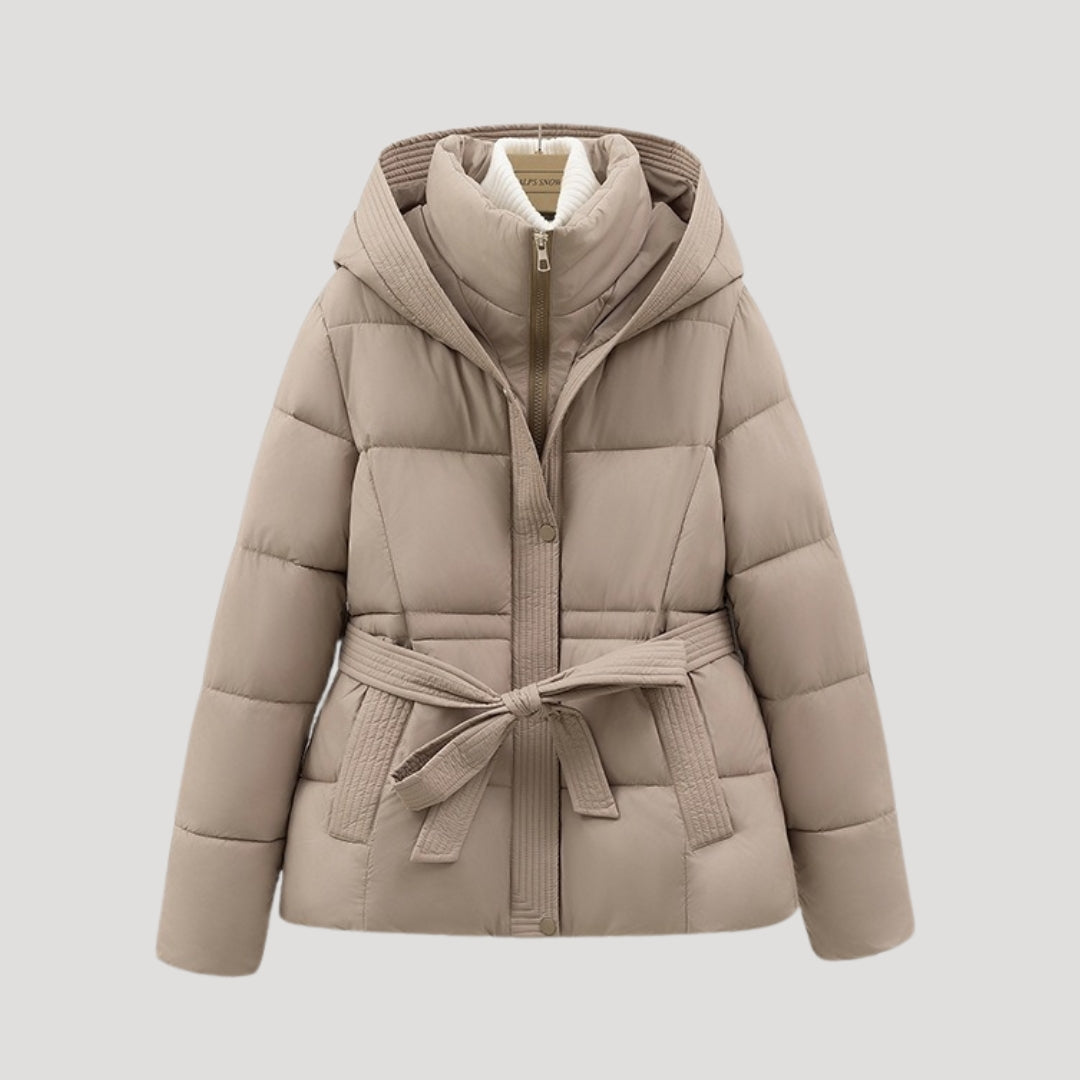Women's Puffer Jacket with Hood and Belt for Winter Coats - Sofia Maris