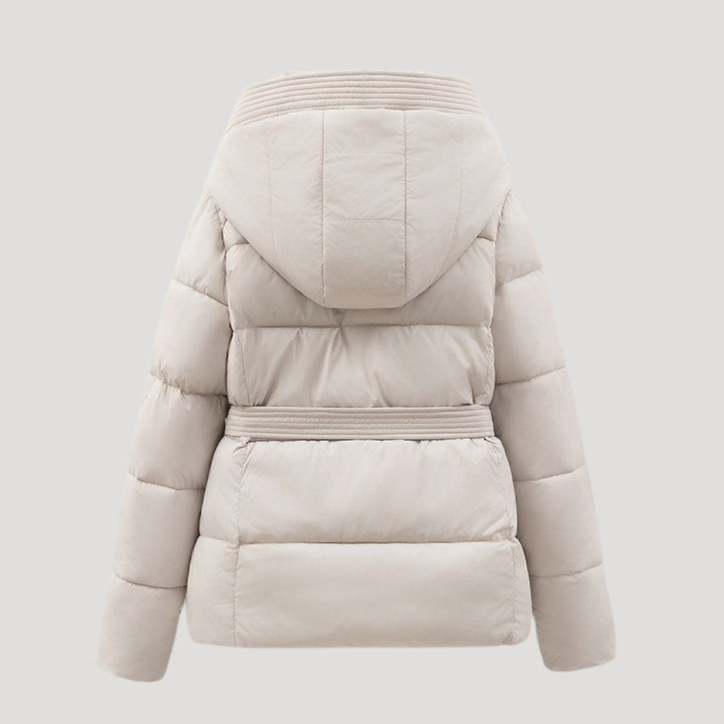Women's Puffer Jacket with Hood and Belt for Winter Coats - Sofia Maris