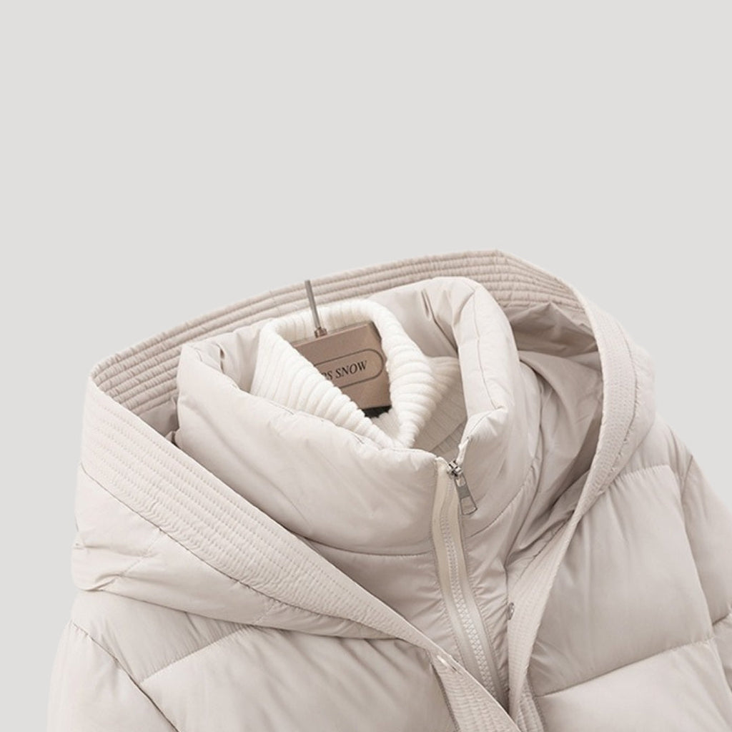 Women's Puffer Jacket with Hood and Belt for Winter Coats - Sofia Maris