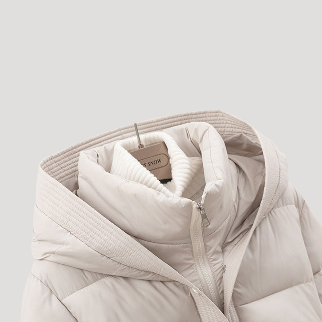 Women's Puffer Jacket with Hood and Belt for Winter Coats - Sofia Maris