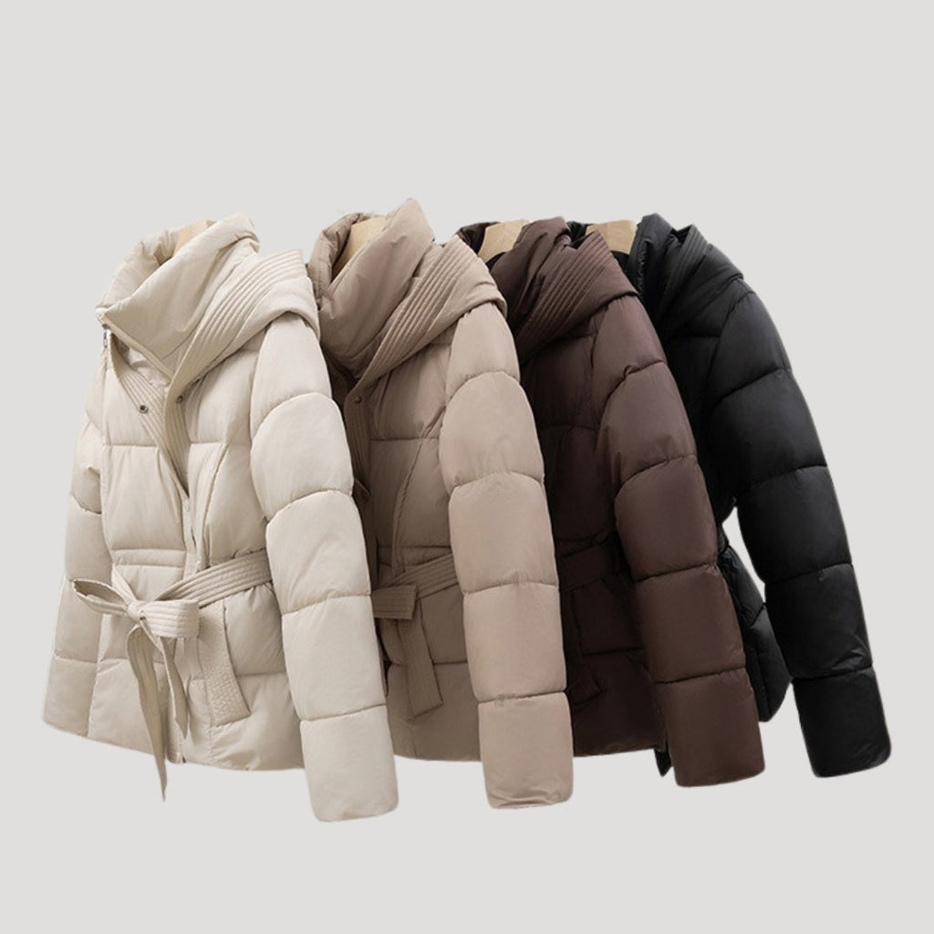 Women's Puffer Jacket with Hood and Belt for Winter Coats - Sofia Maris