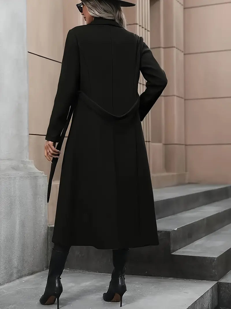 Women’s Black Belted Long Trench Coat – Elegant Tailored Fit for Autumn & Winter
