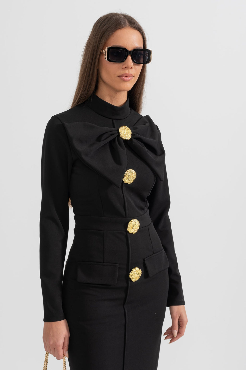 Women’s Black Long Sleeve Formal Midi Dress – Elegant Bow Detail with Gold Buttons