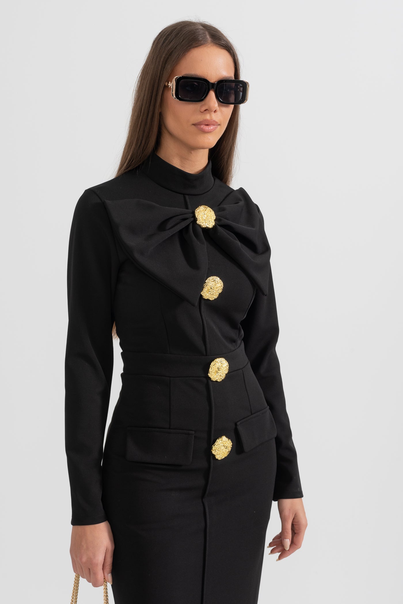 Women’s Black Long Sleeve Formal Midi Dress – Elegant Bow Detail with Gold Buttons