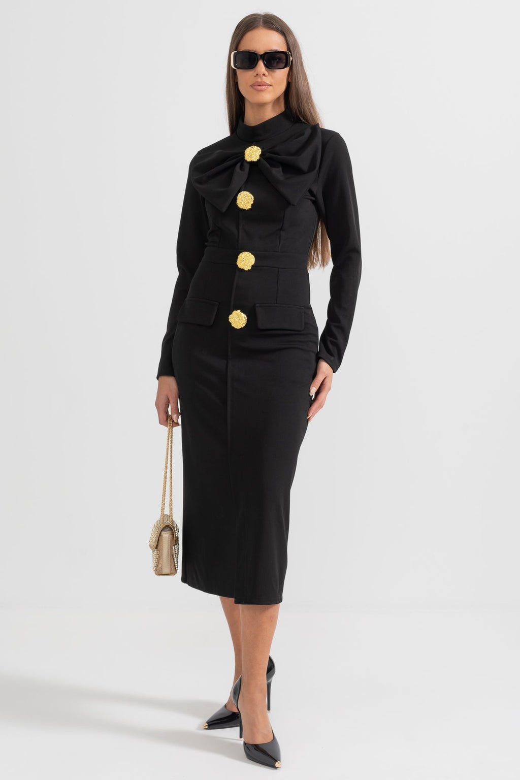 Women’s Black Long Sleeve Formal Midi Dress – Elegant Bow Detail with Gold Buttons
