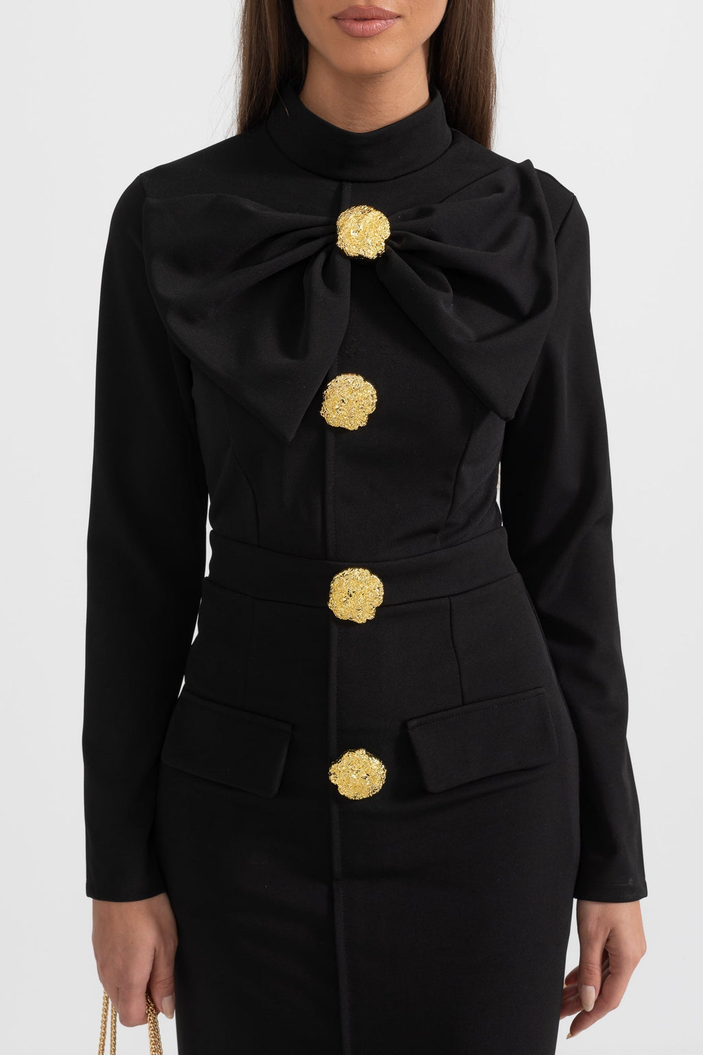Women’s Black Long Sleeve Formal Midi Dress – Elegant Bow Detail with Gold Buttons