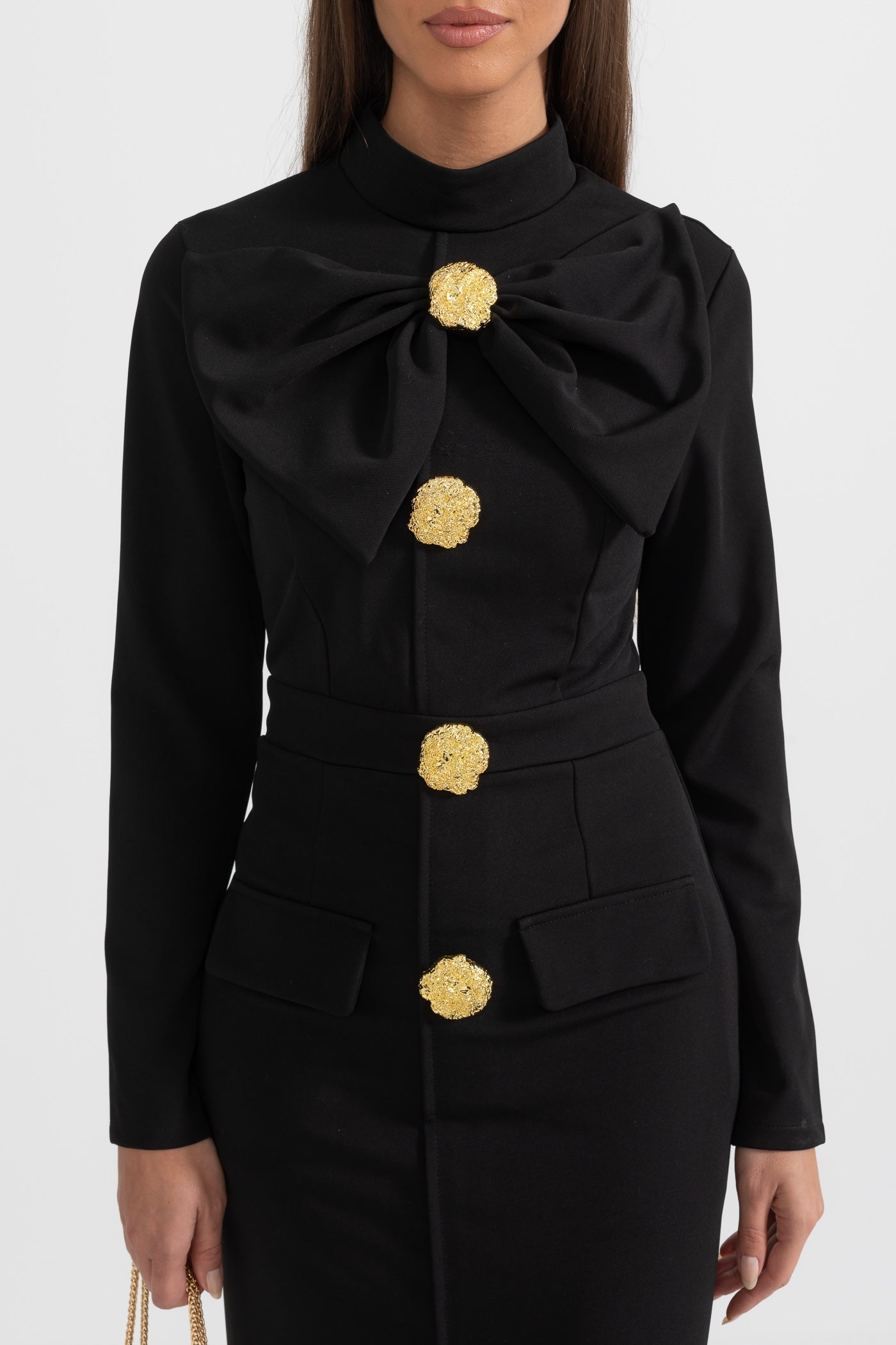 Women’s Black Long Sleeve Formal Midi Dress – Elegant Bow Detail with Gold Buttons