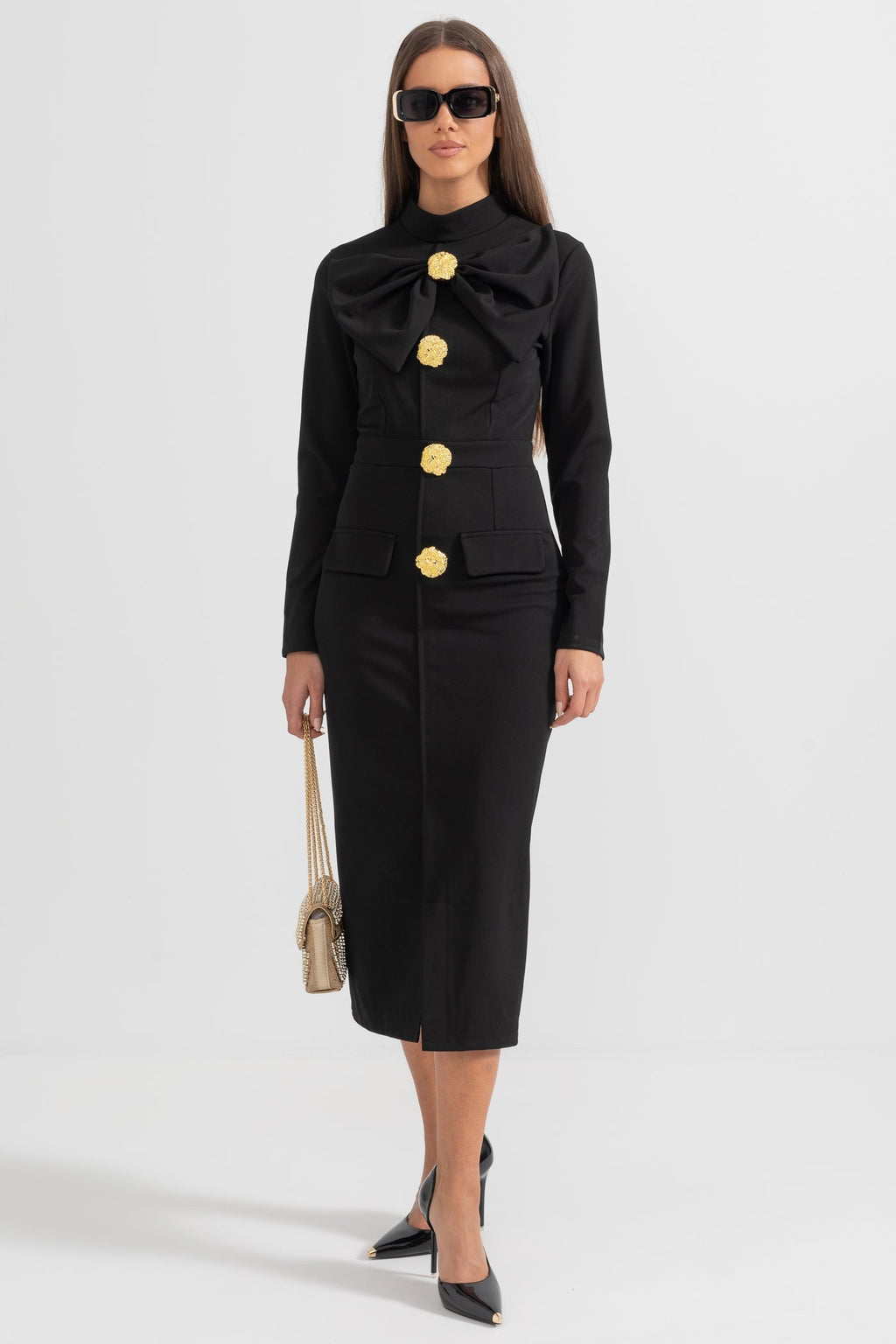 Women’s Black Long Sleeve Formal Midi Dress – Elegant Bow Detail with Gold Buttons