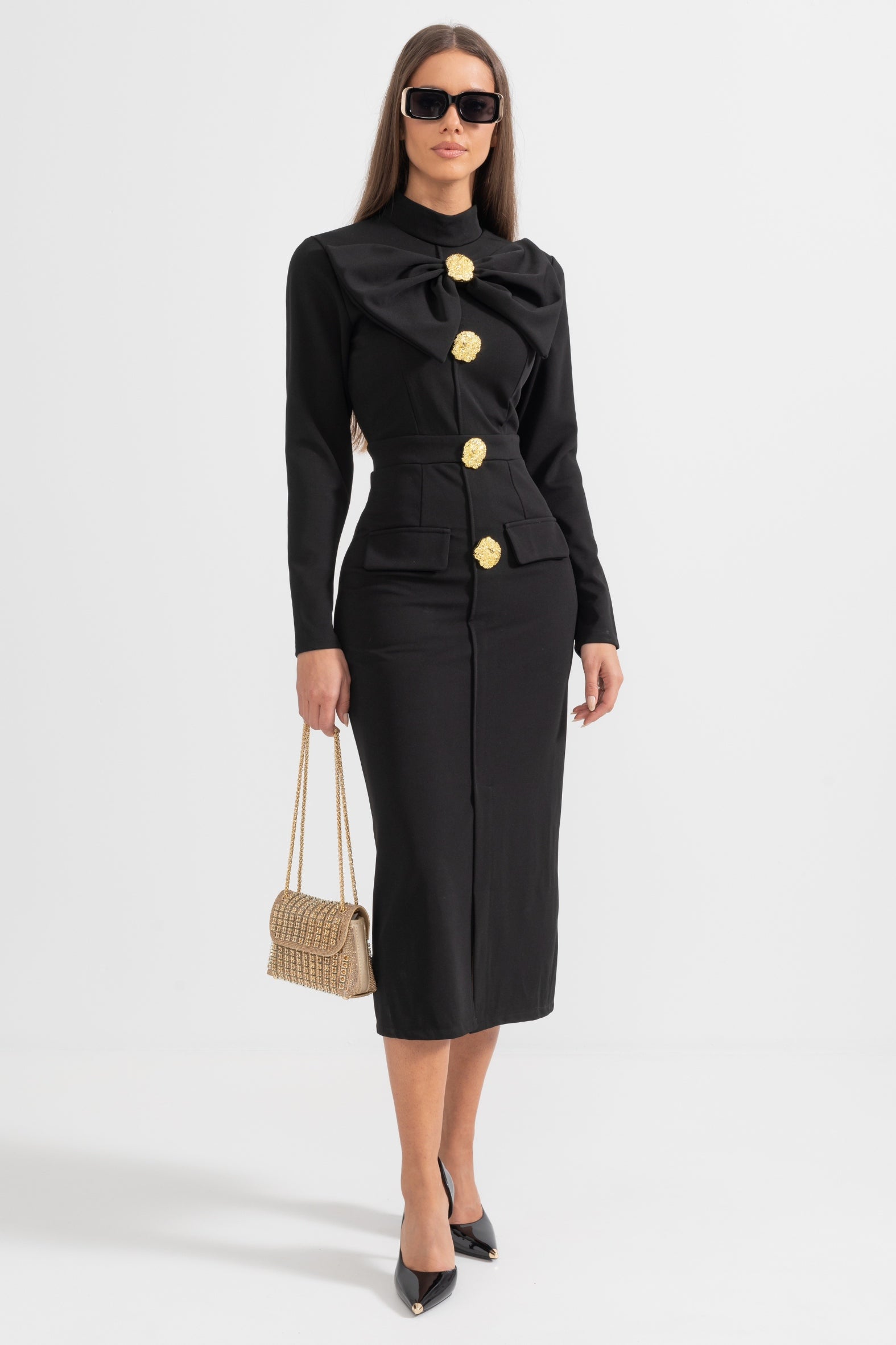 Women’s Black Long Sleeve Formal Midi Dress – Elegant Bow Detail with Gold Buttons