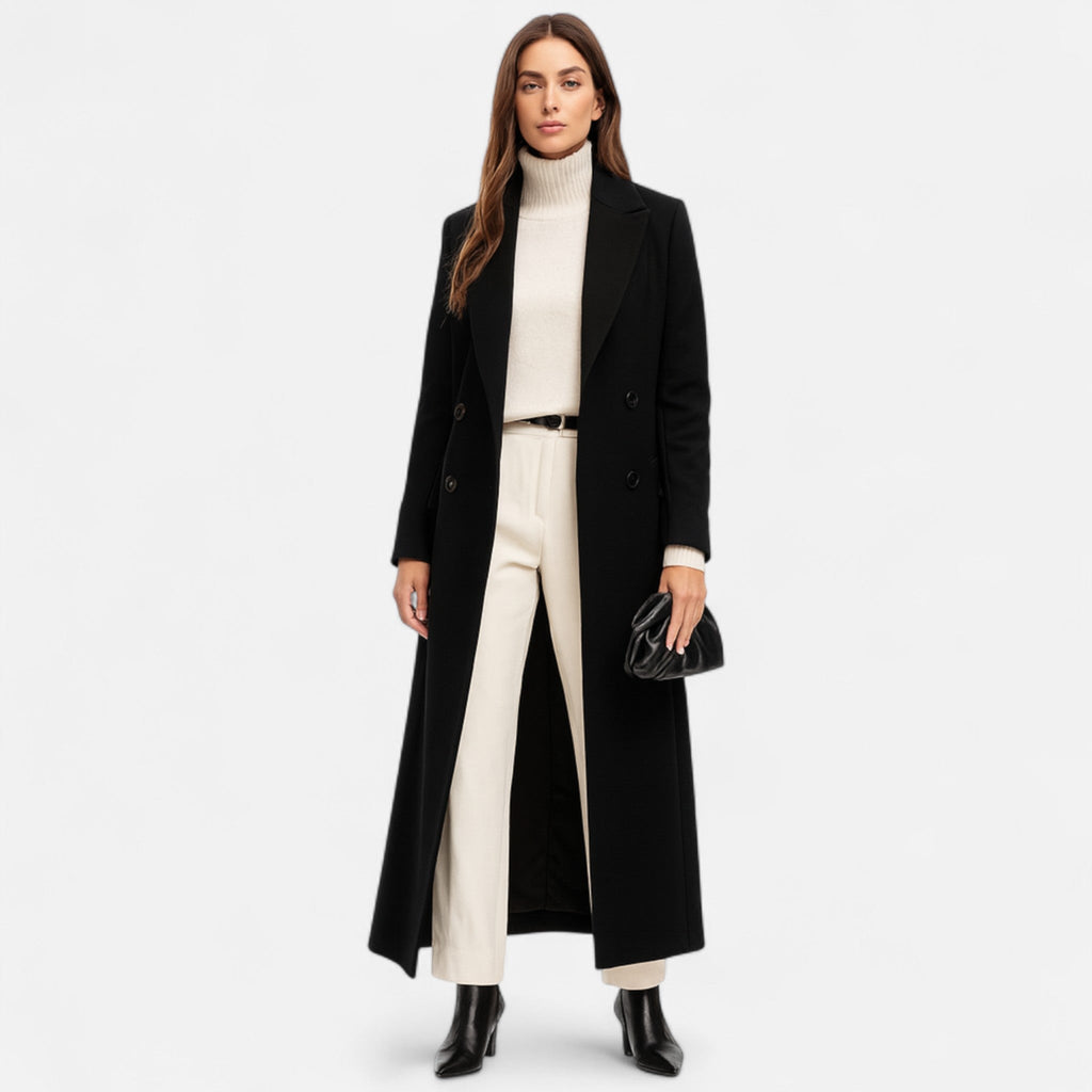 Women’s Black Maxi Overcoat – Longline Tailored Outerwear for All-Season Elegance - Sofia Maris