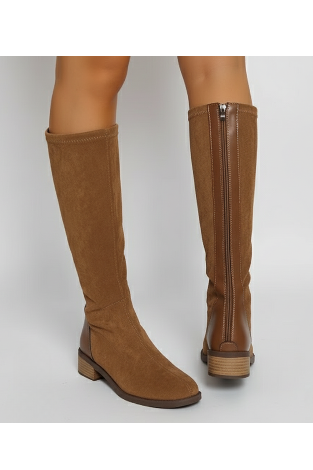 Women’s Camel Knee-High Boots – Classic Suede Look with Block Heel