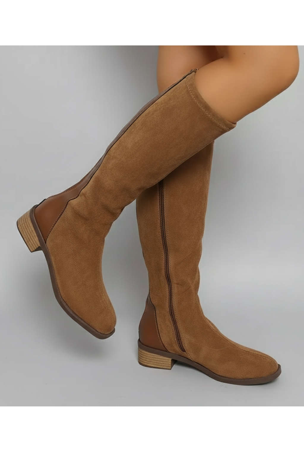 Women’s Camel Knee-High Boots – Classic Suede Look with Block Heel