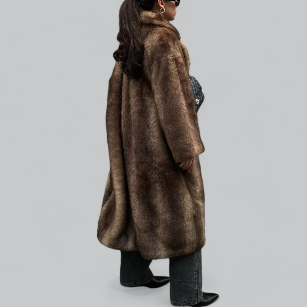Women’s Dark Brown Long Faux Fur Coat – Luxe Winter Outerwear