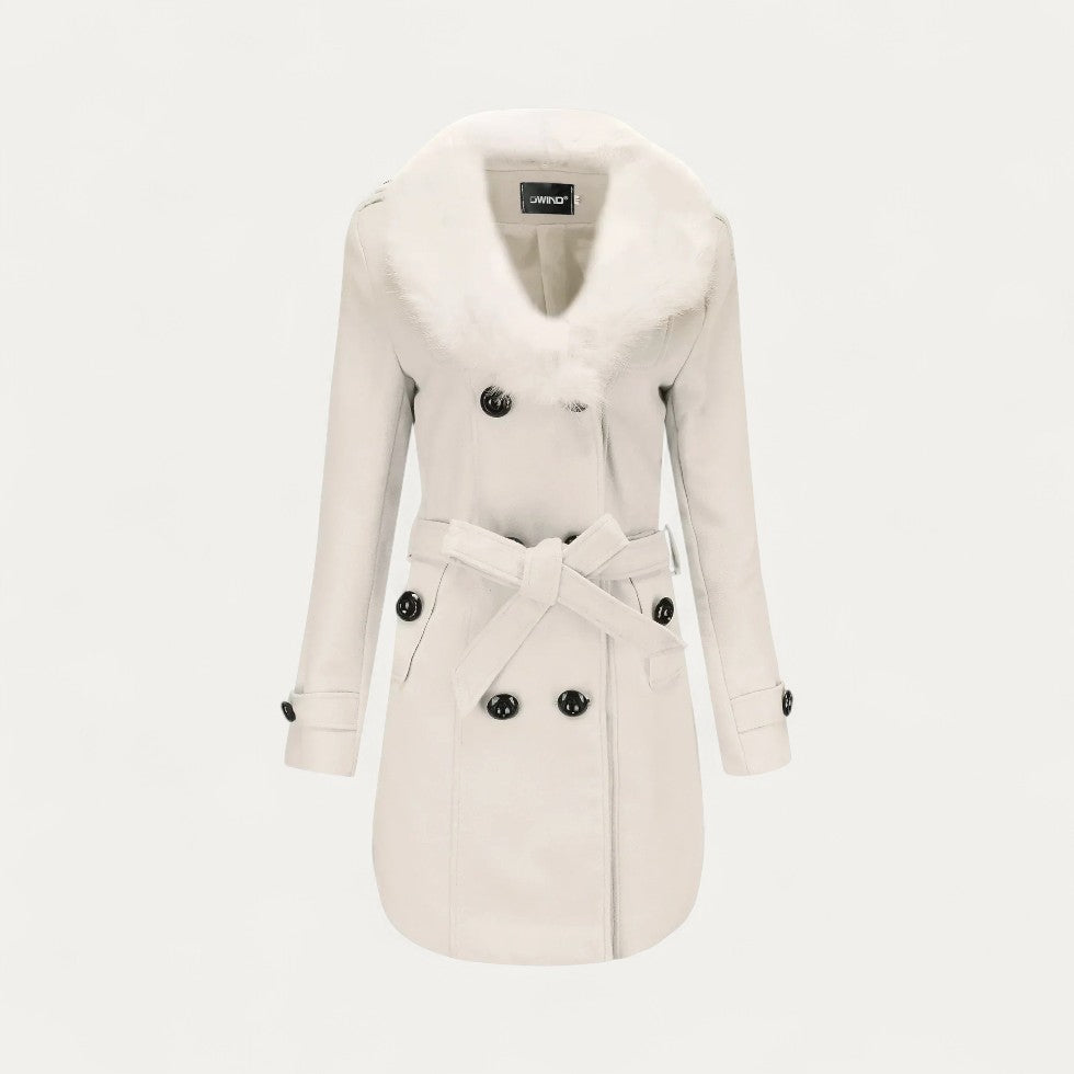 Sofia Maris Women’s Double-Breasted Belted Trench Coat with Faux Fur Collar