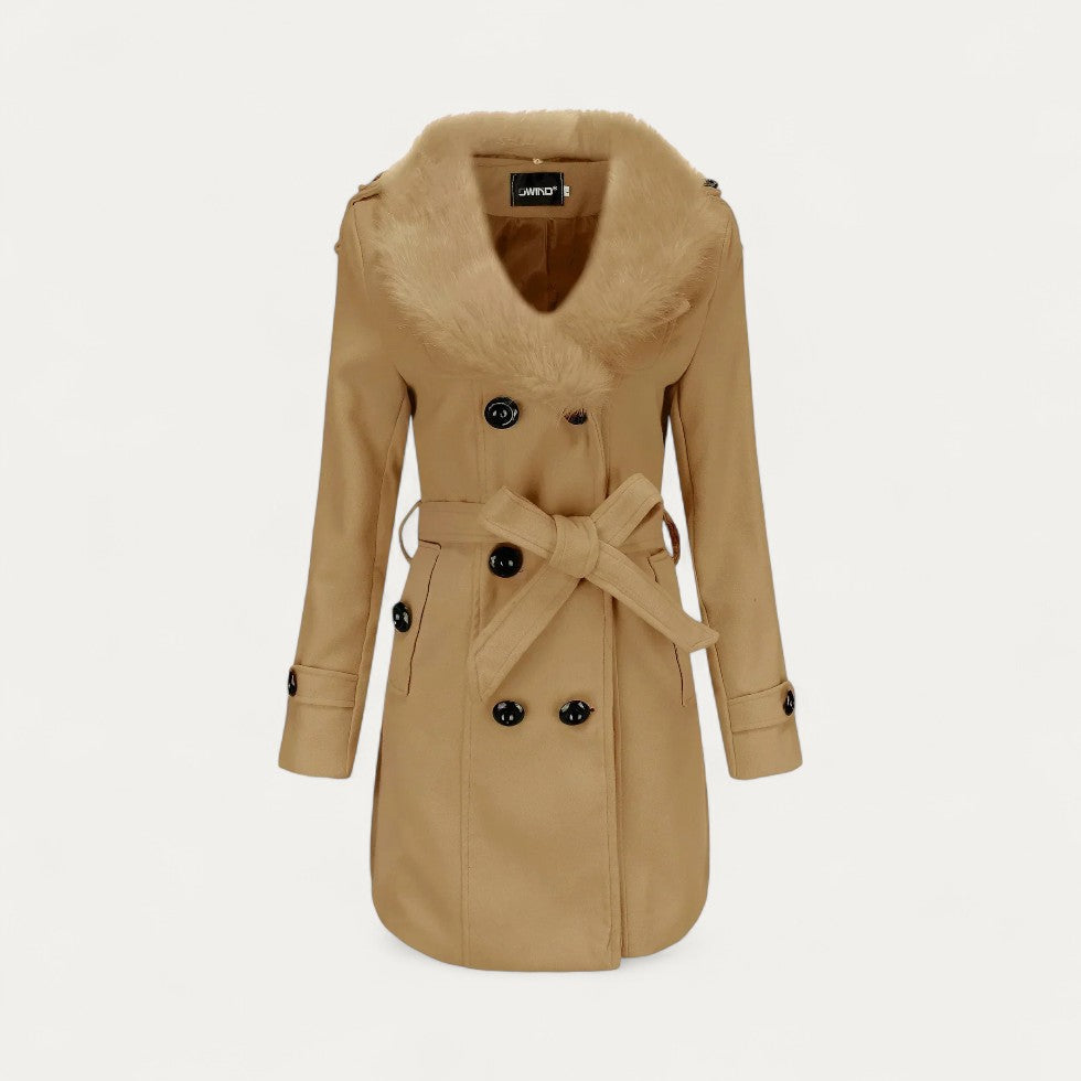 Sofia Maris Women’s Double-Breasted Belted Trench Coat with Faux Fur Collar
