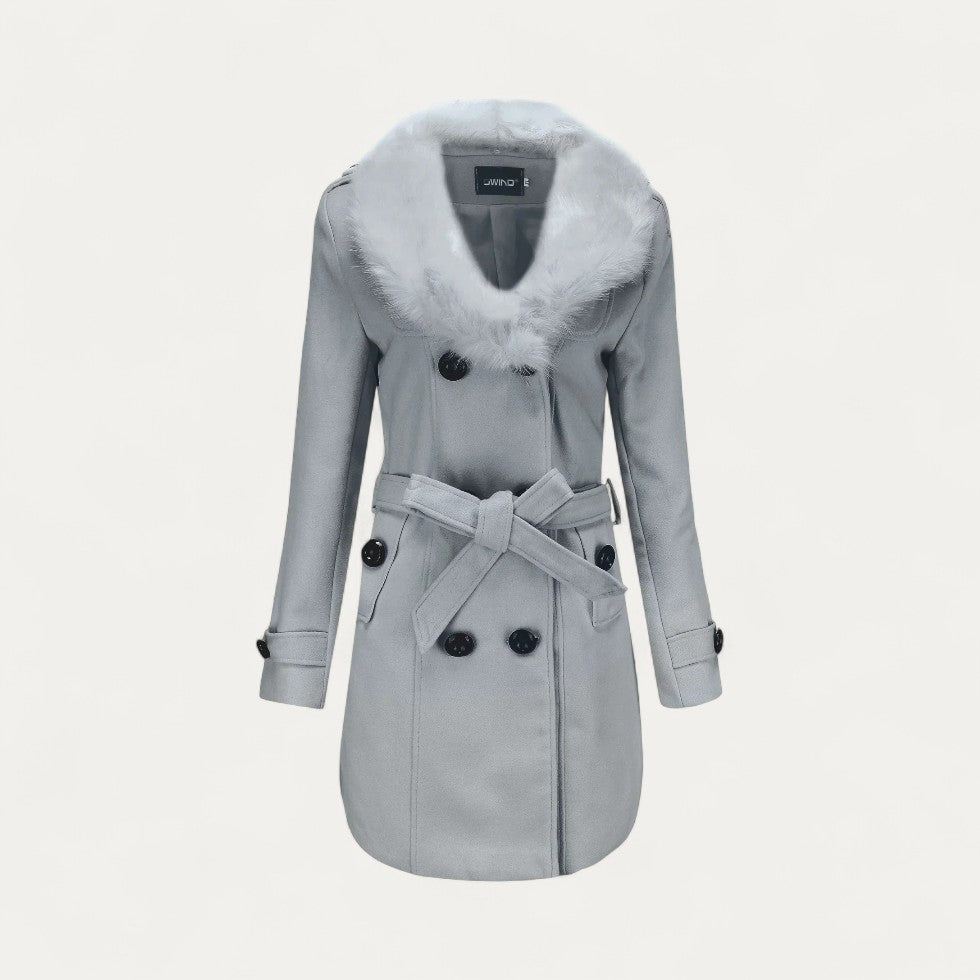 Sofia Maris Women’s Double-Breasted Belted Trench Coat with Faux Fur Collar