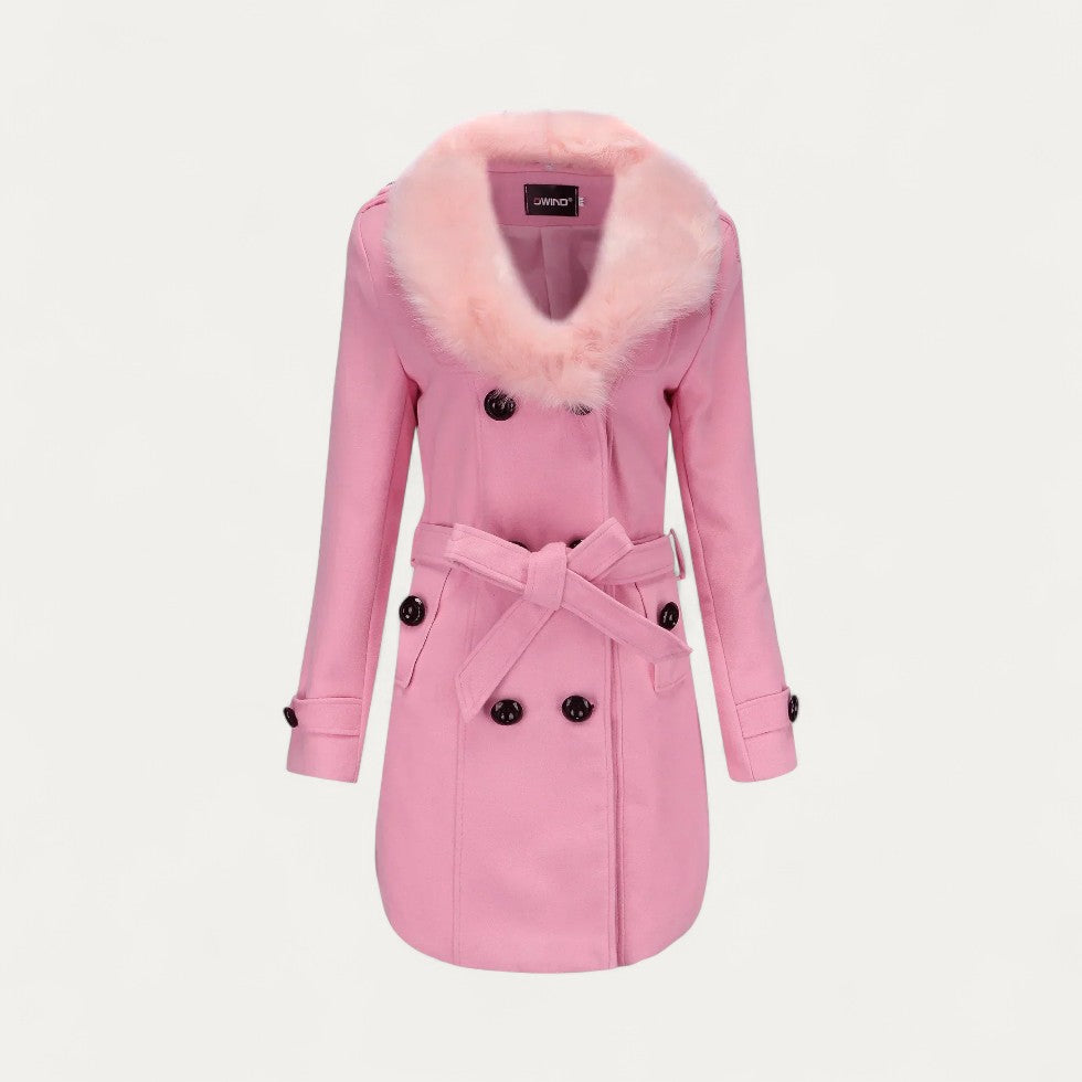 Sofia Maris Women’s Double-Breasted Belted Trench Coat with Faux Fur Collar