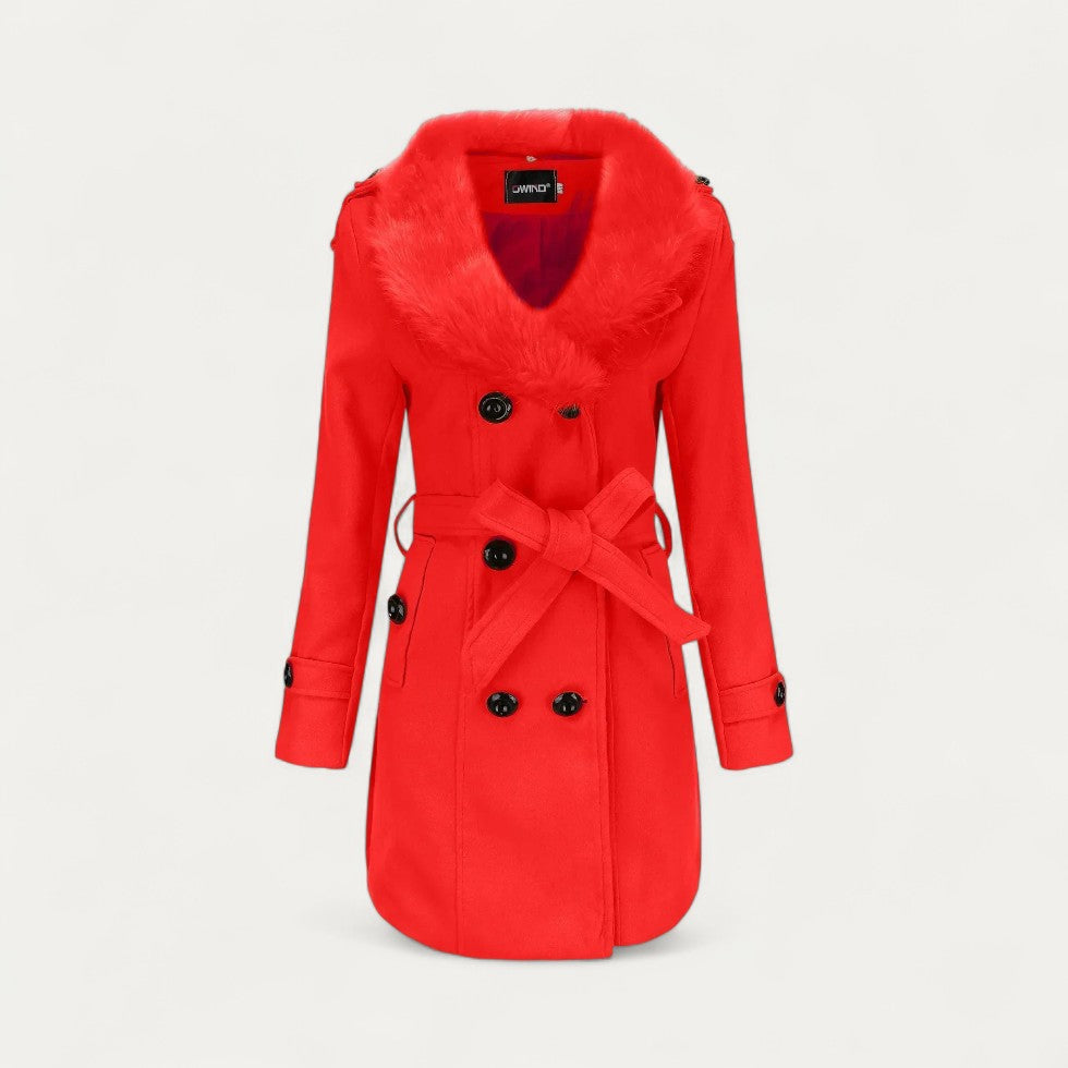 Sofia Maris Women’s Double-Breasted Belted Trench Coat with Faux Fur Collar