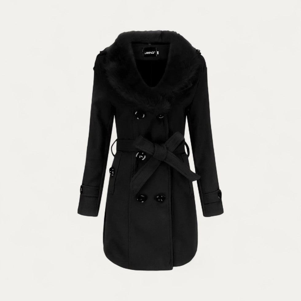 Sofia Maris Women’s Double-Breasted Belted Trench Coat with Faux Fur Collar