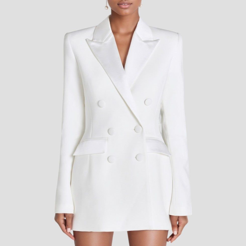 Sofia Maris Women’s Double-Breasted Blazer Dress with Satin Lapel – Elegant Evening & Workwear