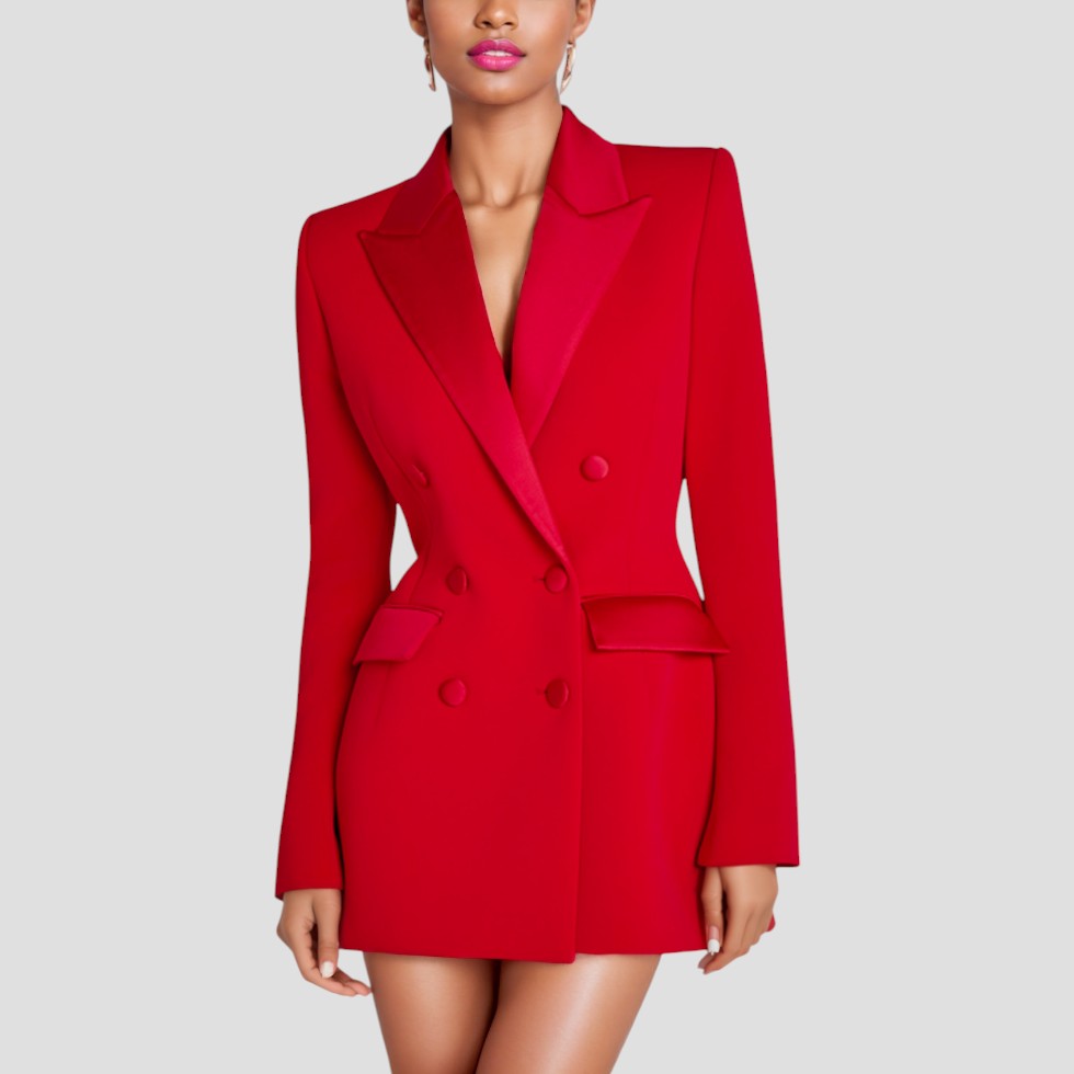 Sofia Maris Women’s Double-Breasted Blazer Dress with Satin Lapel – Elegant Evening & Workwear