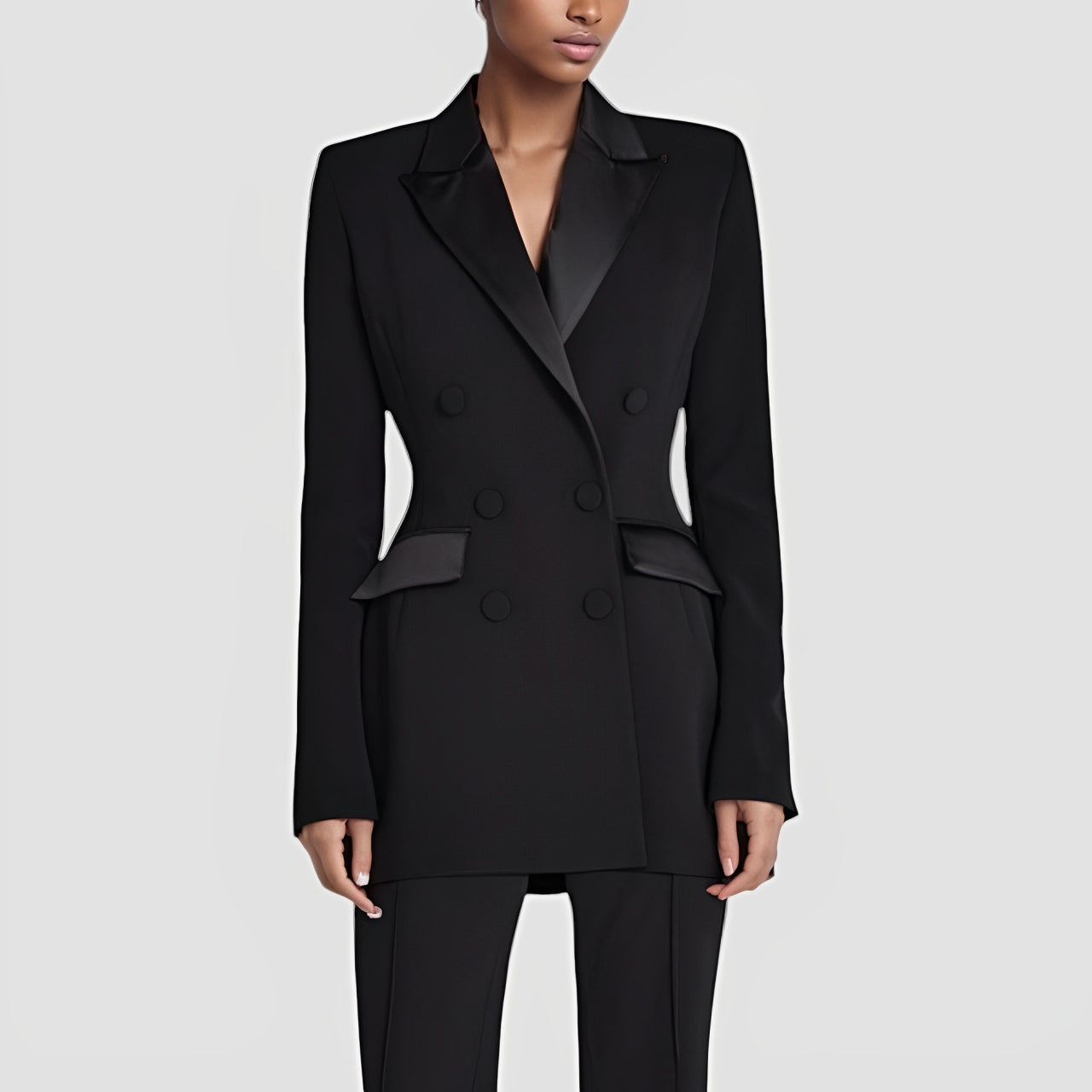 Sofia Maris Women’s Double-Breasted Blazer Dress with Satin Lapel – Elegant Evening & Workwear