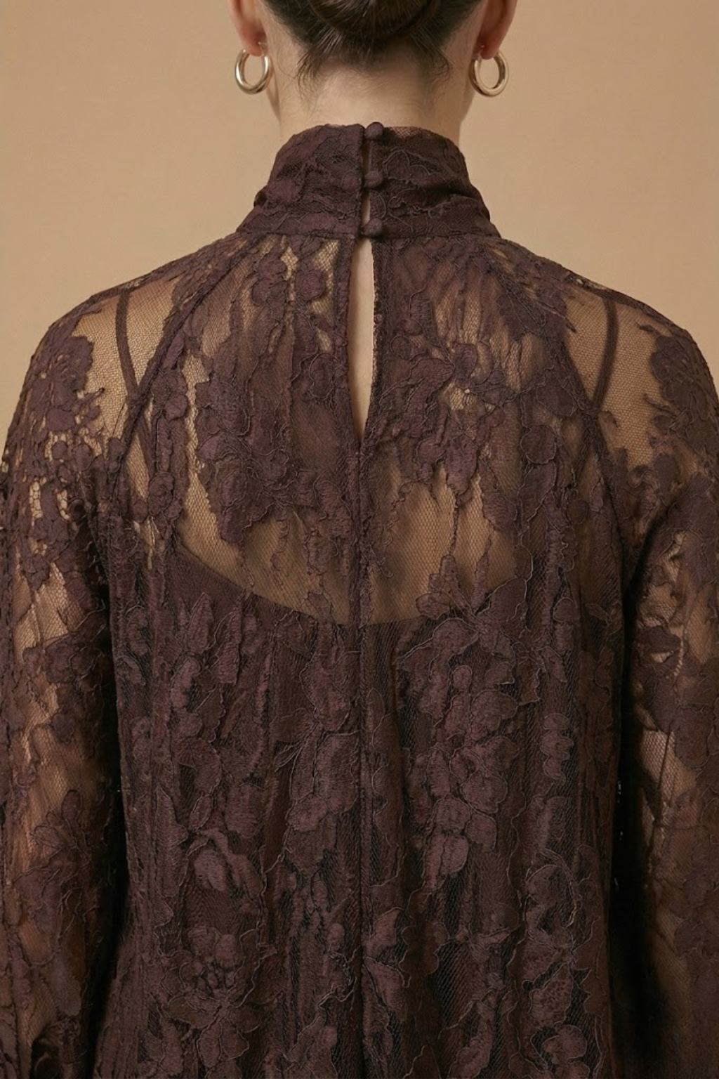 Women’s Elegant Maxi Dress – Sheer Lace Design with High Neck, Long Sleeves and Ribbon Detail