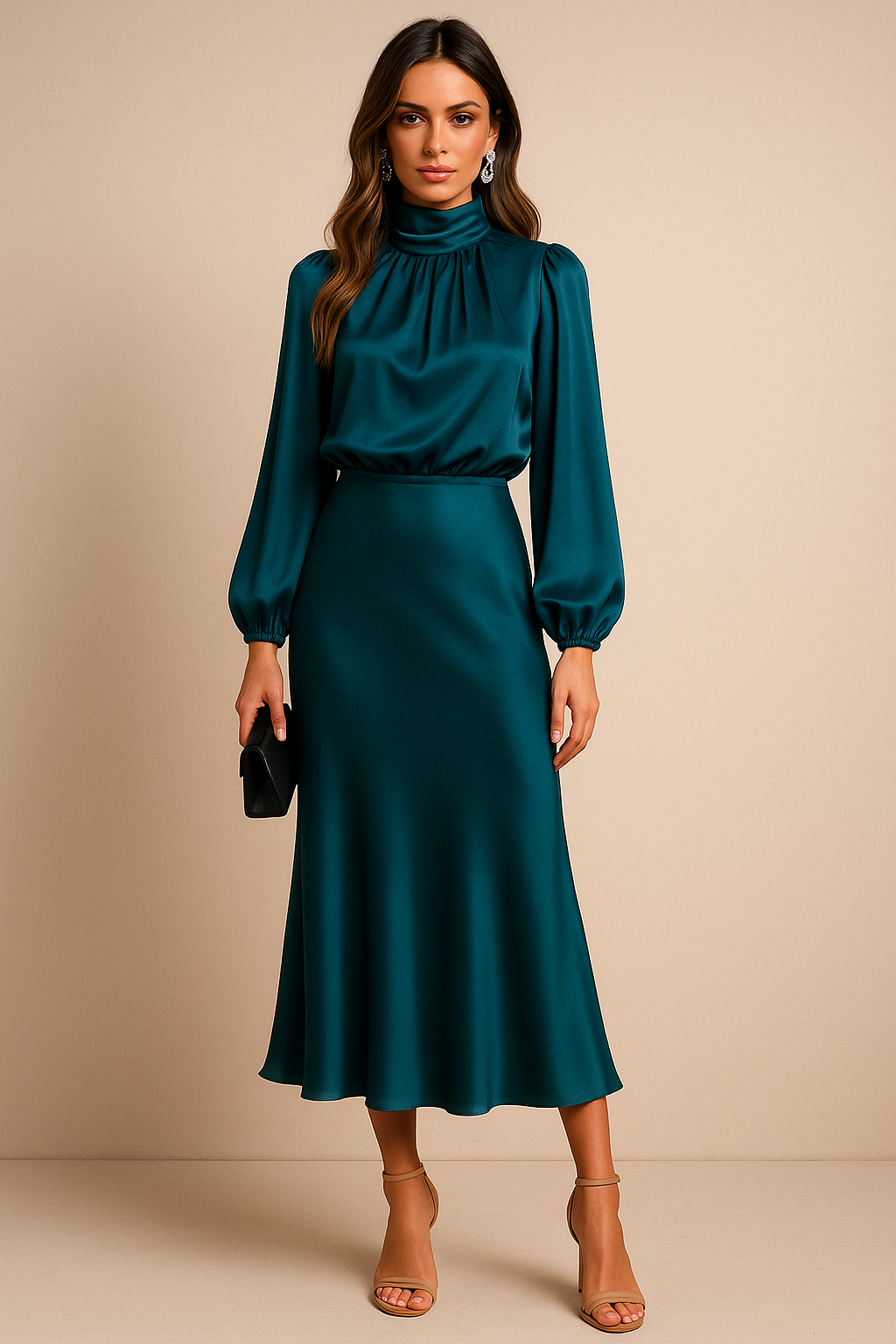Women’s High Neck Midi Dress – Elegant High Waist Silhouette