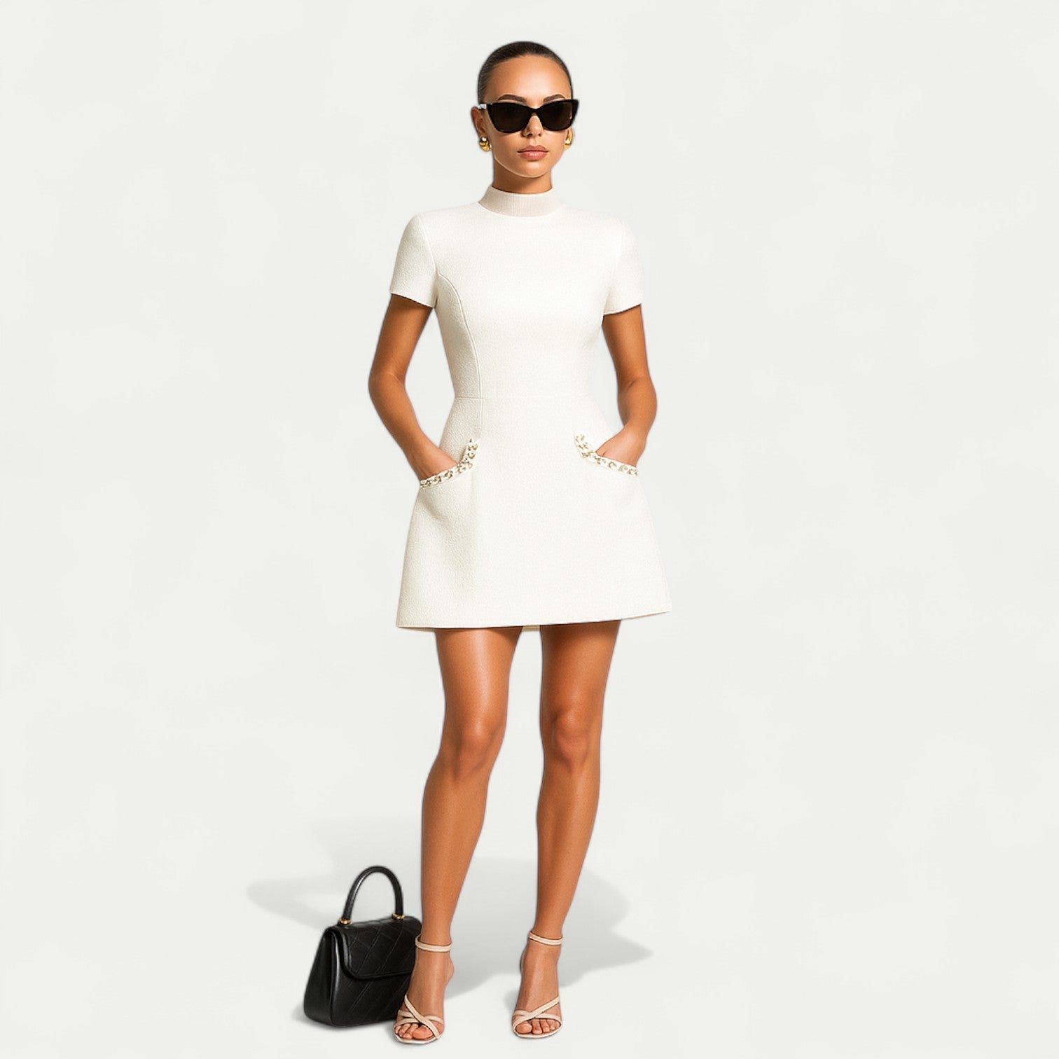 Women’s Mini Dress with Pearl Trim and Pocket Detailing