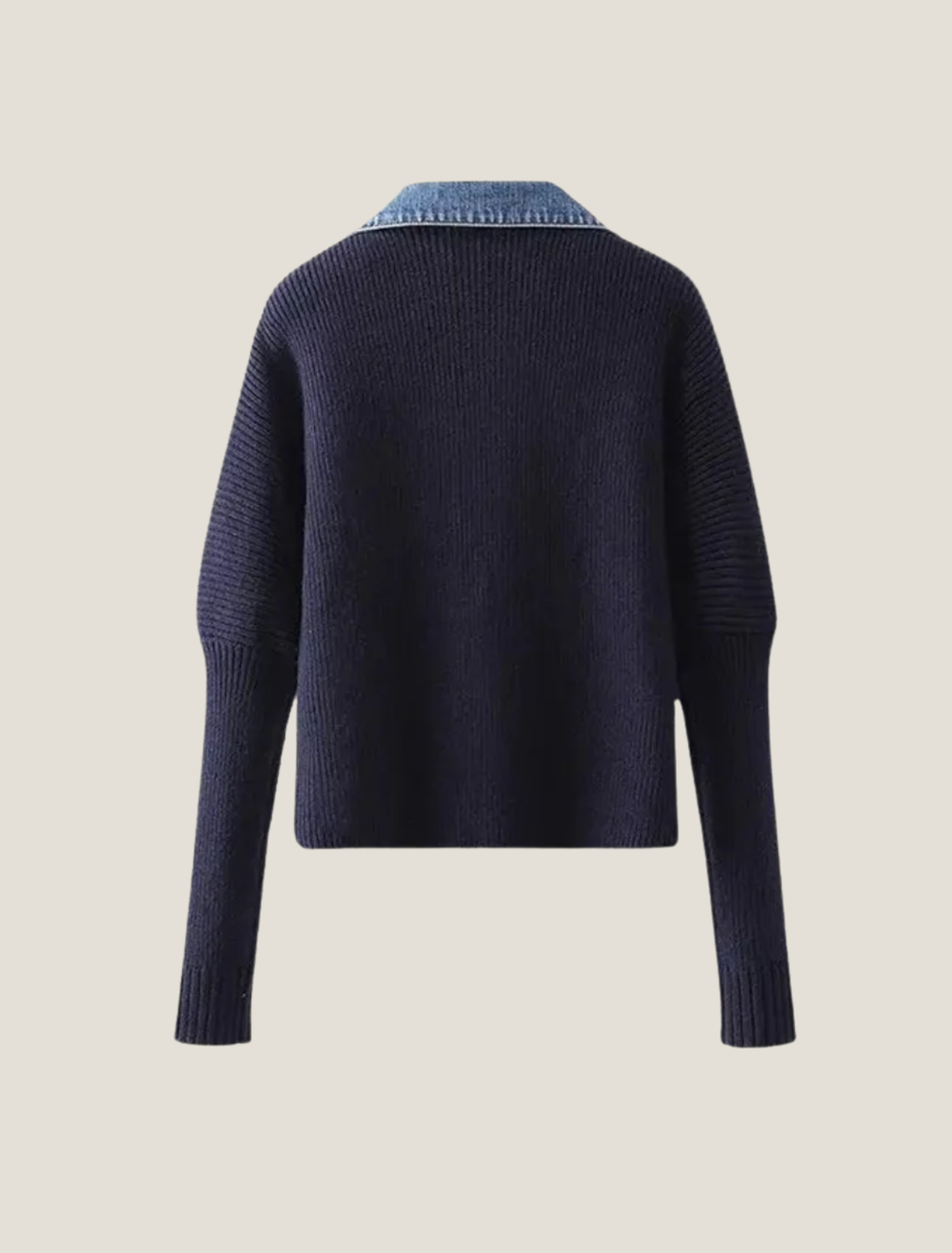 Women’s Navy Knit Cardigan – Button-Front Design with Denim-Style Trim for Smart Casual Layering