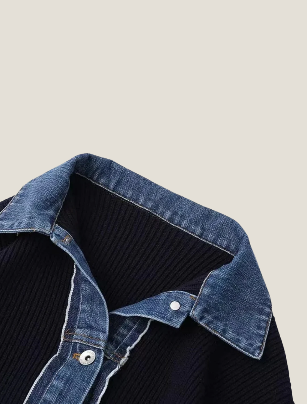 Women’s Navy Knit Cardigan – Button-Front Design with Denim-Style Trim for Smart Casual Layering