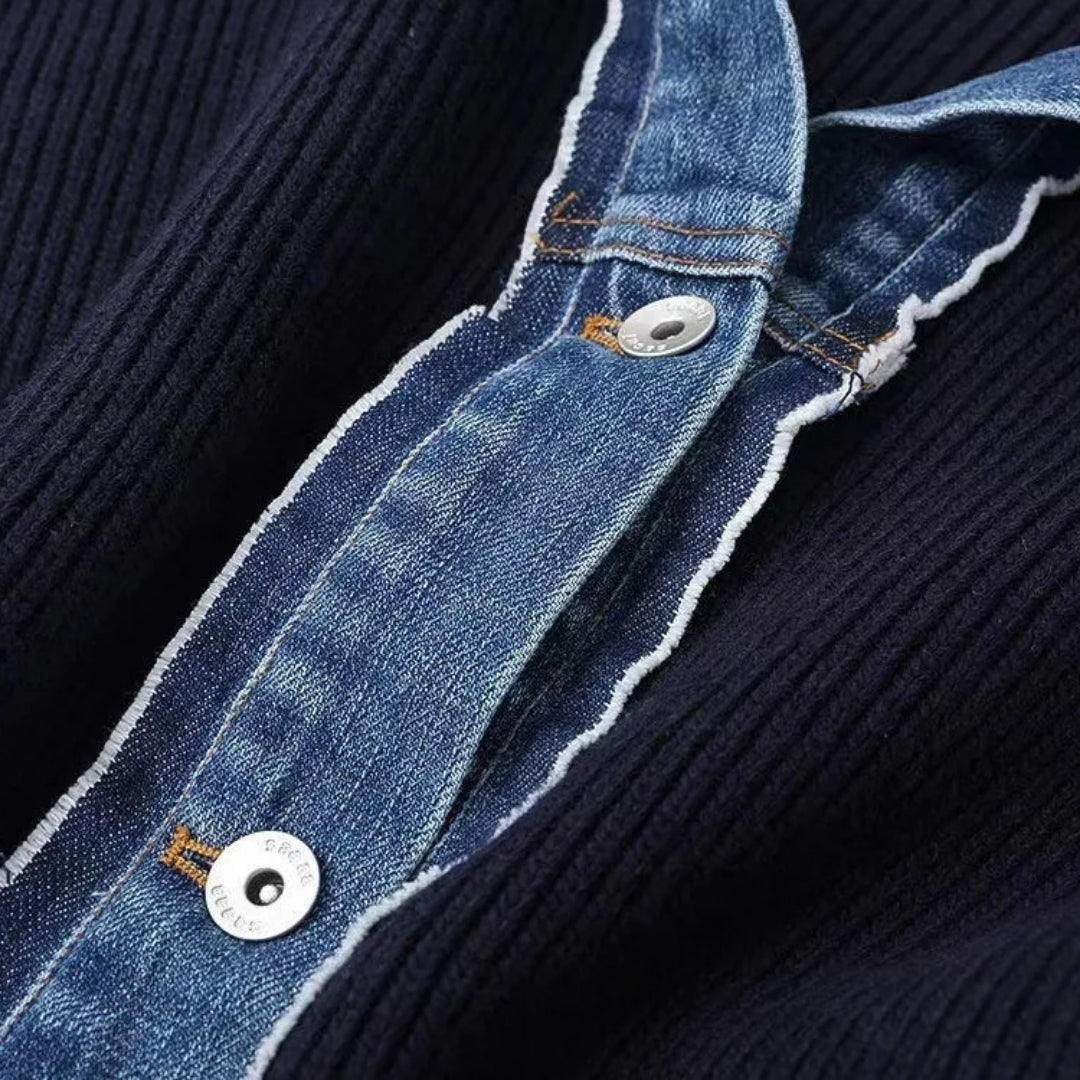 Women’s Navy Knit Cardigan – Button-Front Design with Denim-Style Trim for Smart Casual Layering