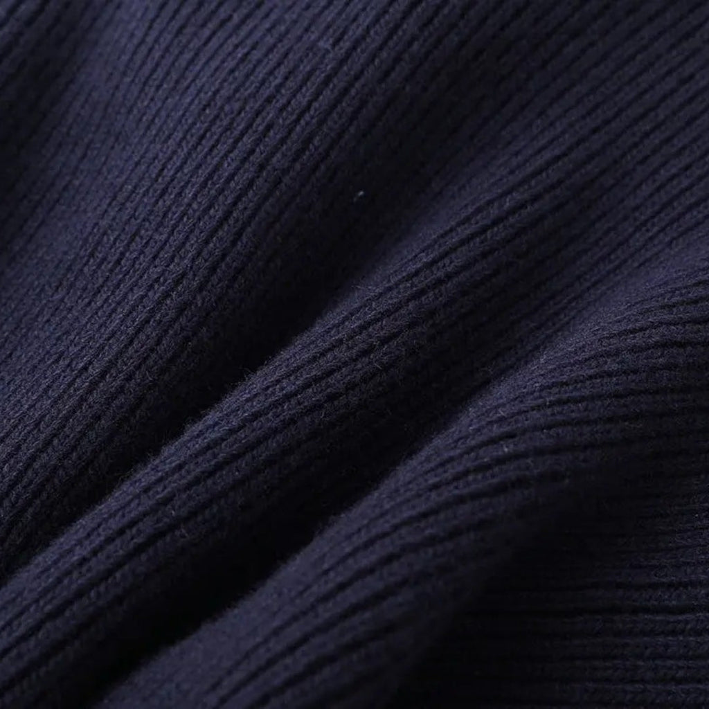 Women’s Navy Knit Cardigan – Button-Front Design with Denim-Style Trim for Smart Casual Layering