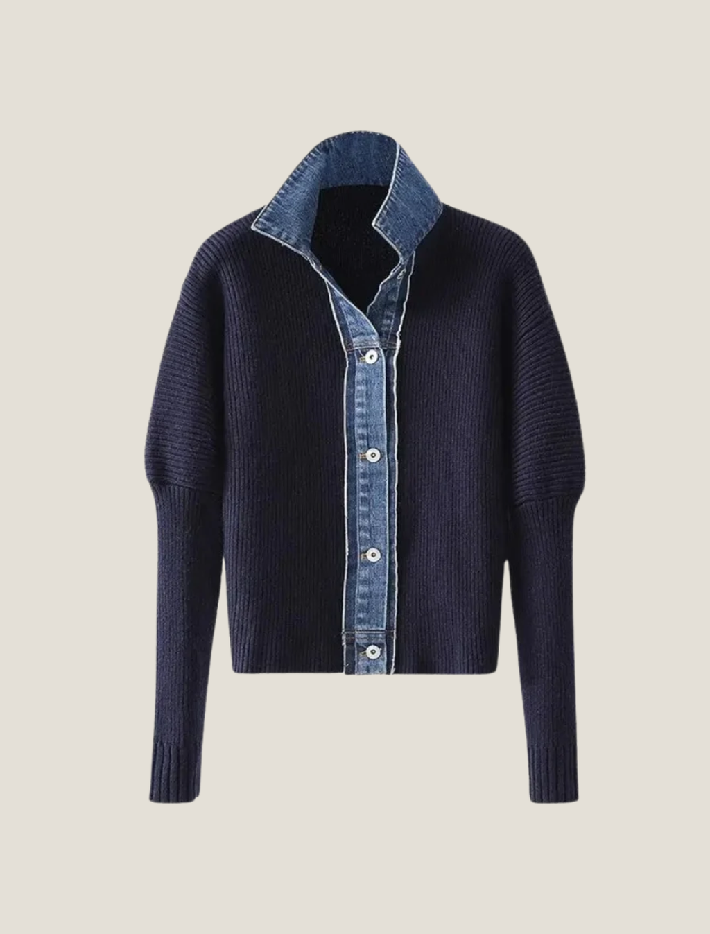 Women’s Navy Knit Cardigan – Button-Front Design with Denim-Style Trim for Smart Casual Layering