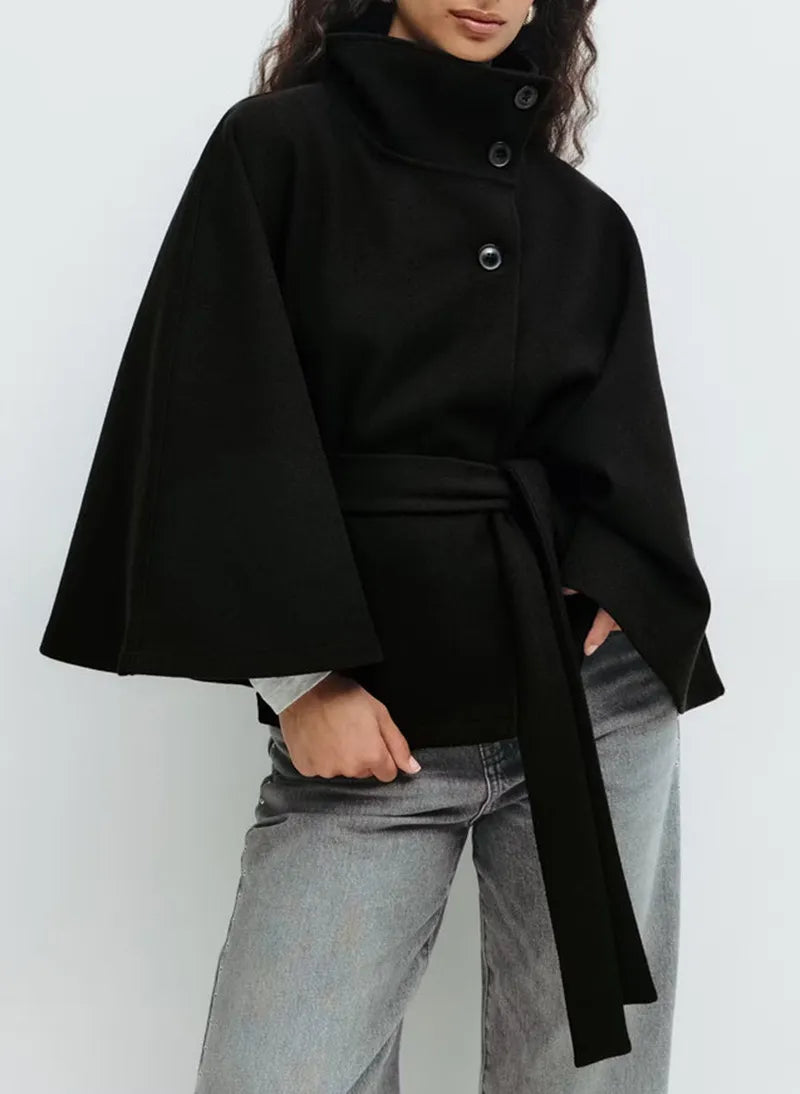 Sofia Maris Women’s Short Cape Coat – Funnel Neck, Belted Waist, Cape Sleeves